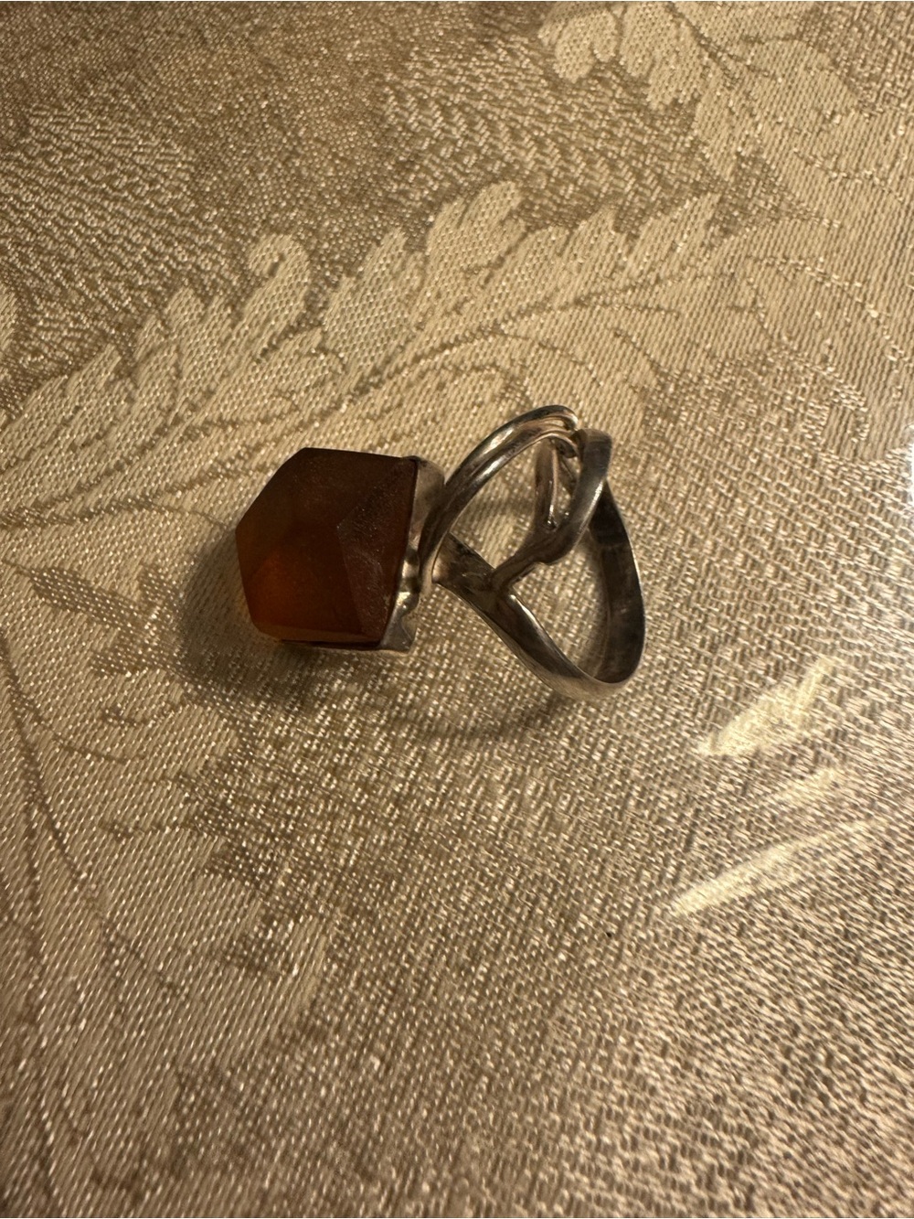 Vintage Modernist Sterling Silver Statement Ring Amber Color Sz 7.5